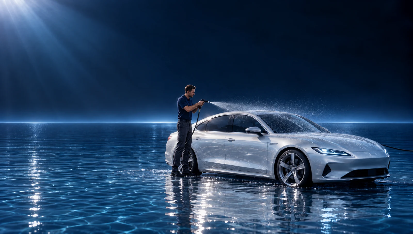 幻想的な水辺に停まるシルバーの車を、スタッフが洗車する